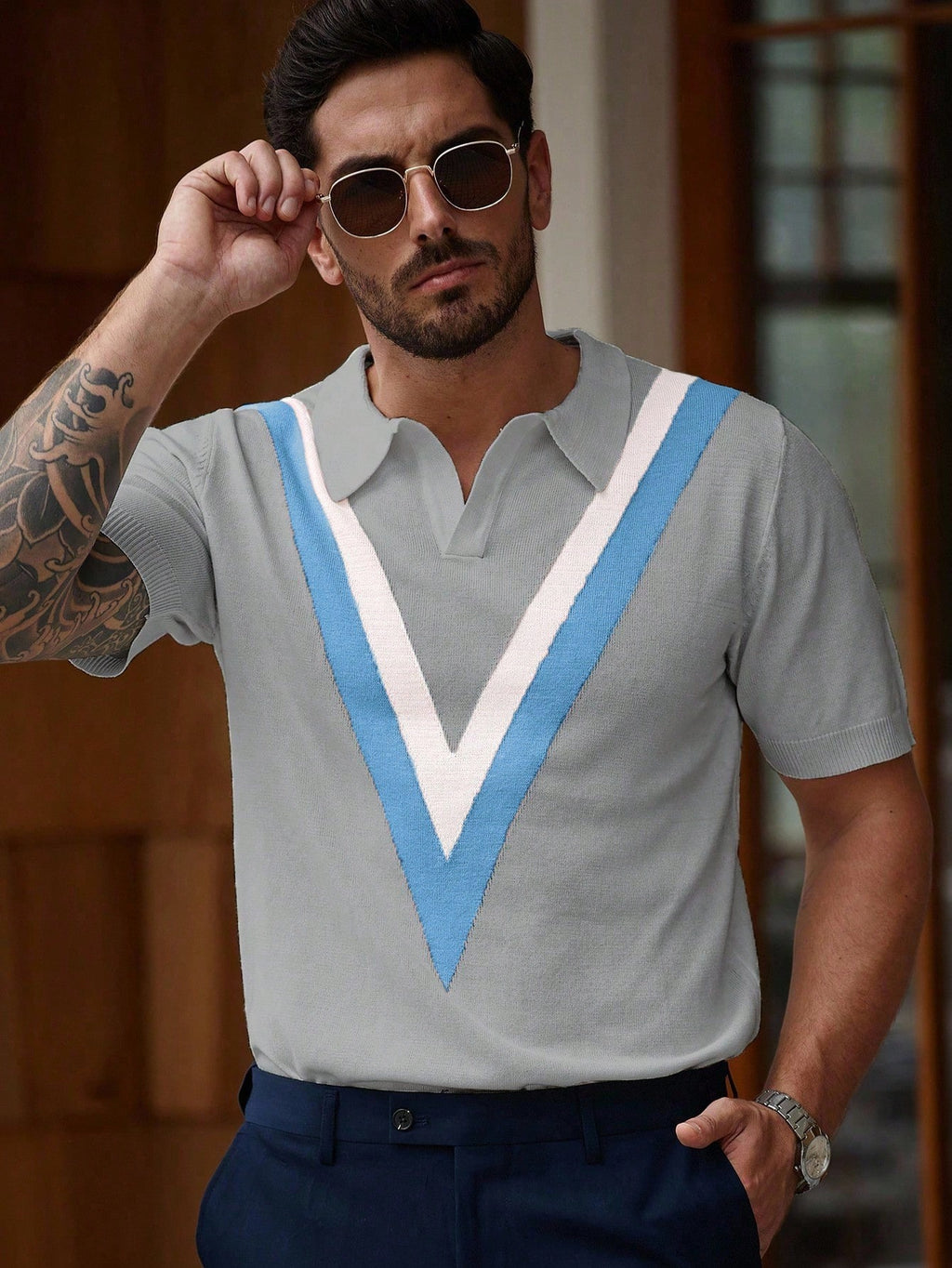 Manfinity Homme Men'S Striped Short Sleeve Casual Loose Knit Sweater Men V-Neck Knit Shirt Men Knitted Polo Shirt Light Blue Men Top
