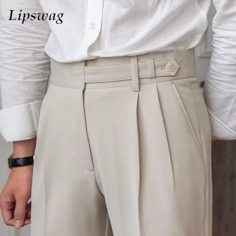 Old Money Aesthetic Mens Suit Trousers Stylish Belt Buttoned High-Waisted Pants Men Fall Vintage Solid Color Slim Straight Pants