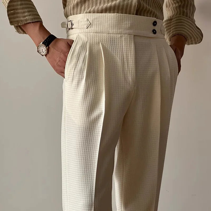 Vintage Belt-Up High Waist Trousers Men Spring Summer Fashion Solid Color Waffle Breathable Pants Mens Old Money Aesthetic Pants