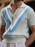 Manfinity Homme Men'S Striped Short Sleeve Casual Loose Knit Sweater Men V-Neck Knit Shirt Men Knitted Polo Shirt Light Blue Men Top