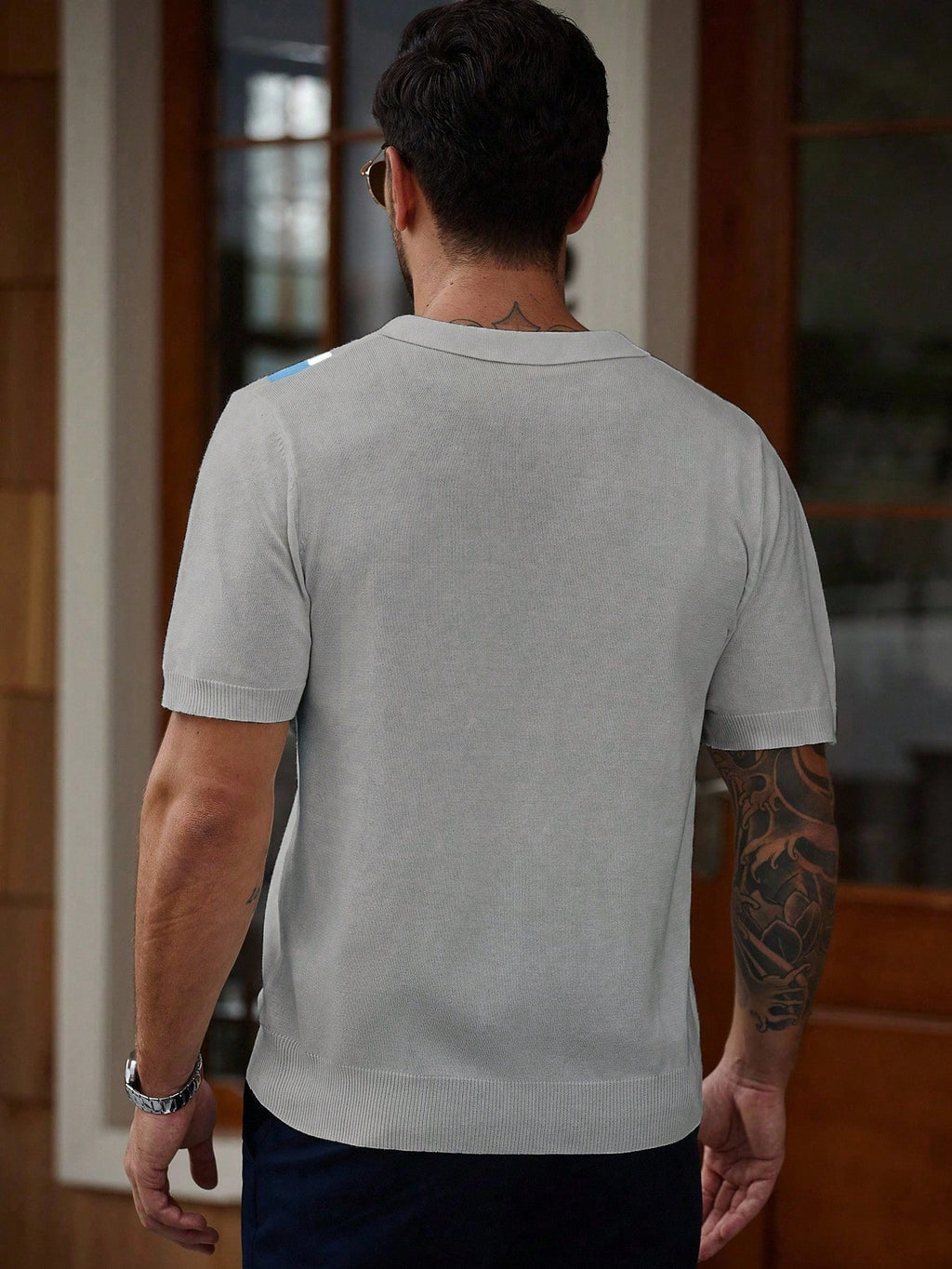 Manfinity Homme Men'S Striped Short Sleeve Casual Loose Knit Sweater Men V-Neck Knit Shirt Men Knitted Polo Shirt Light Blue Men Top