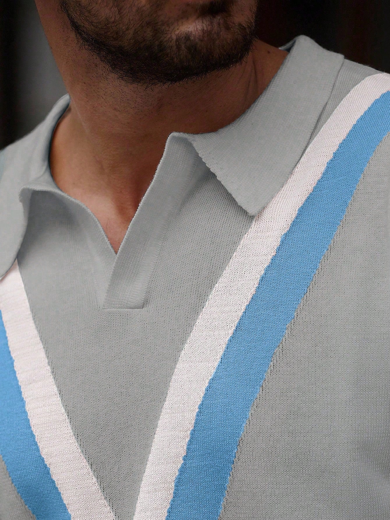 Manfinity Homme Men'S Striped Short Sleeve Casual Loose Knit Sweater Men V-Neck Knit Shirt Men Knitted Polo Shirt Light Blue Men Top