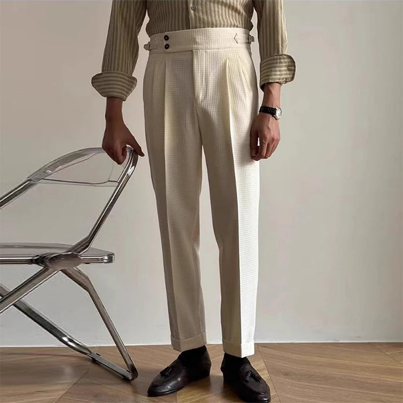 Vintage Belt-Up High Waist Trousers Men Spring Summer Fashion Solid Color Waffle Breathable Pants Mens Old Money Aesthetic Pants