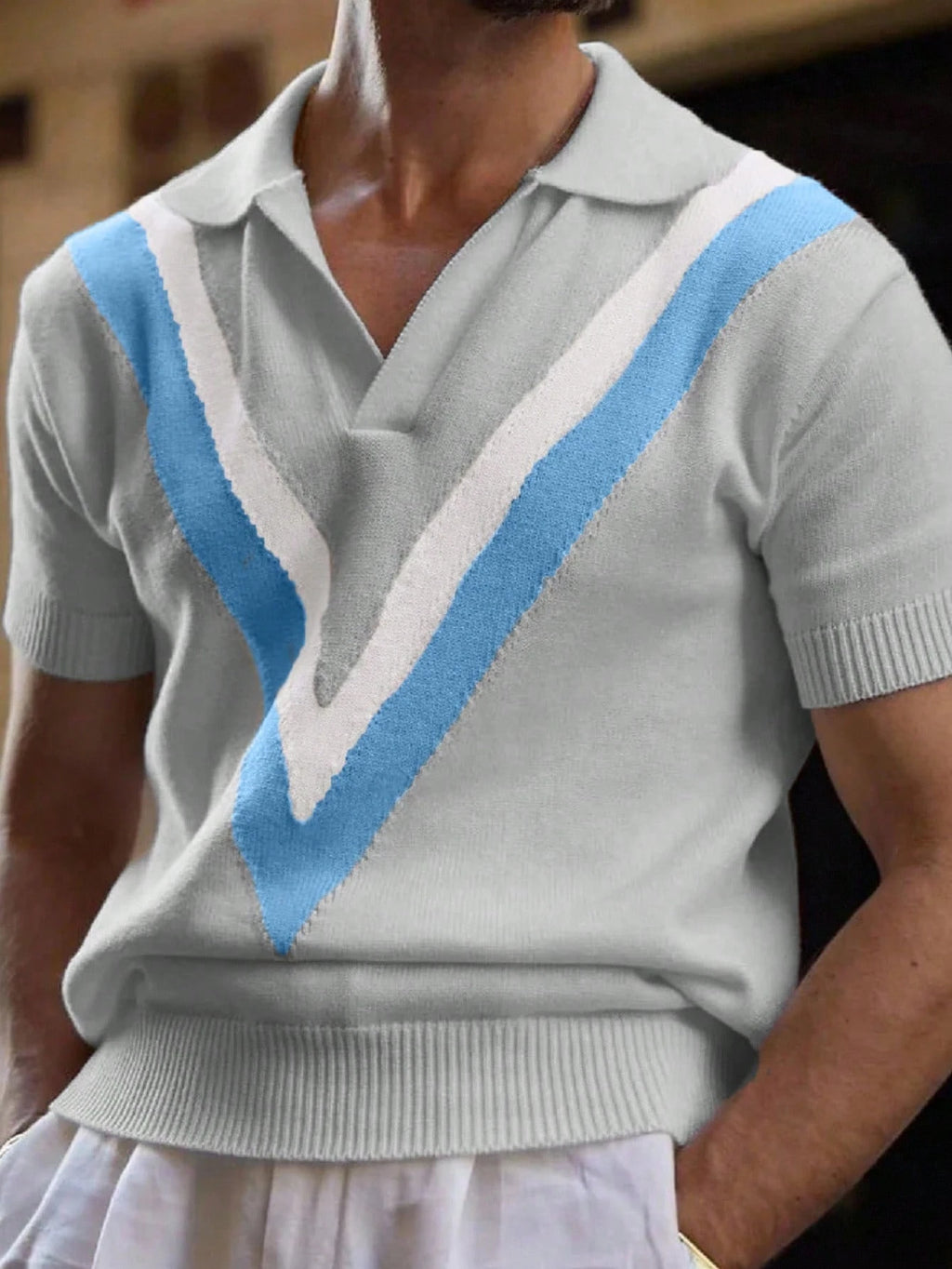 Manfinity Homme Men'S Striped Short Sleeve Casual Loose Knit Sweater Men V-Neck Knit Shirt Men Knitted Polo Shirt Light Blue Men Top