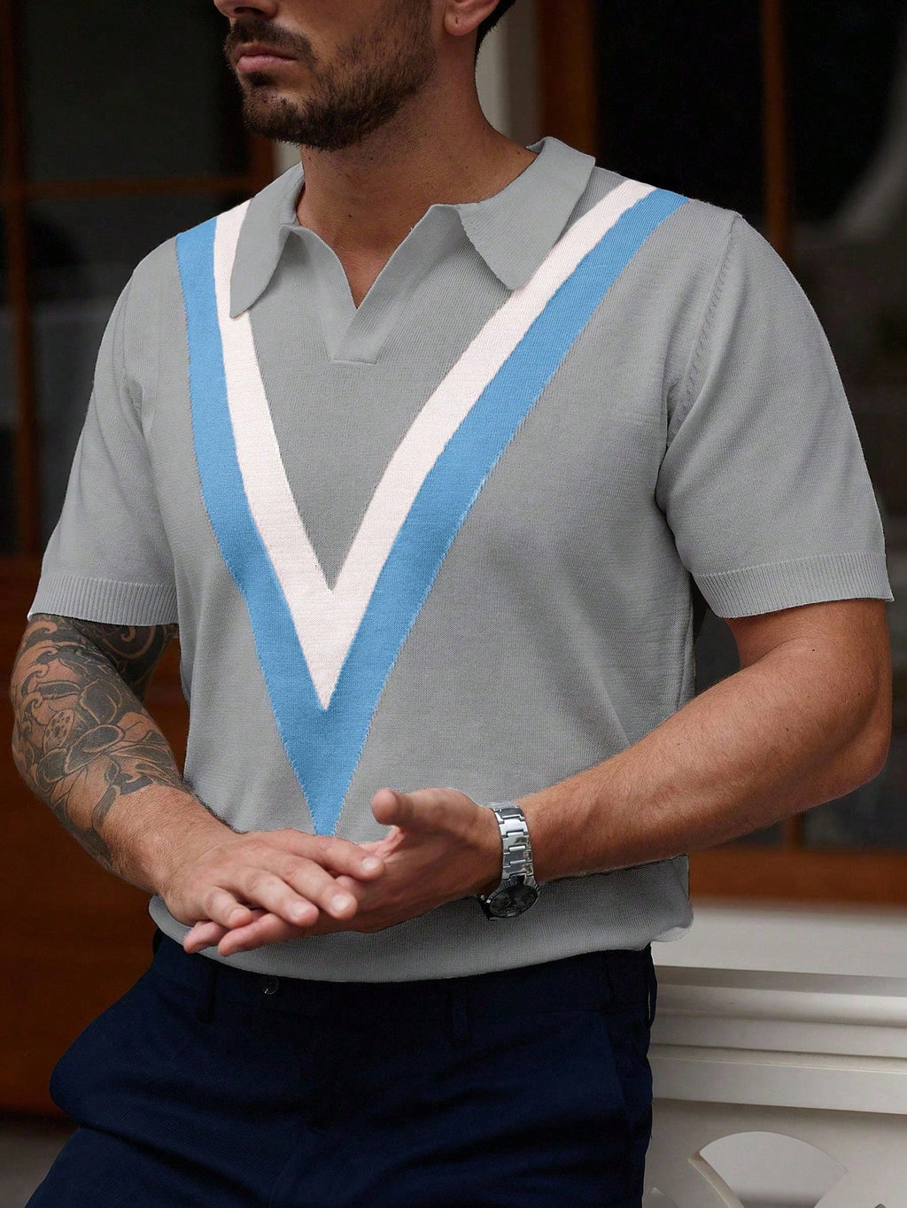 Manfinity Homme Men'S Striped Short Sleeve Casual Loose Knit Sweater Men V-Neck Knit Shirt Men Knitted Polo Shirt Light Blue Men Top