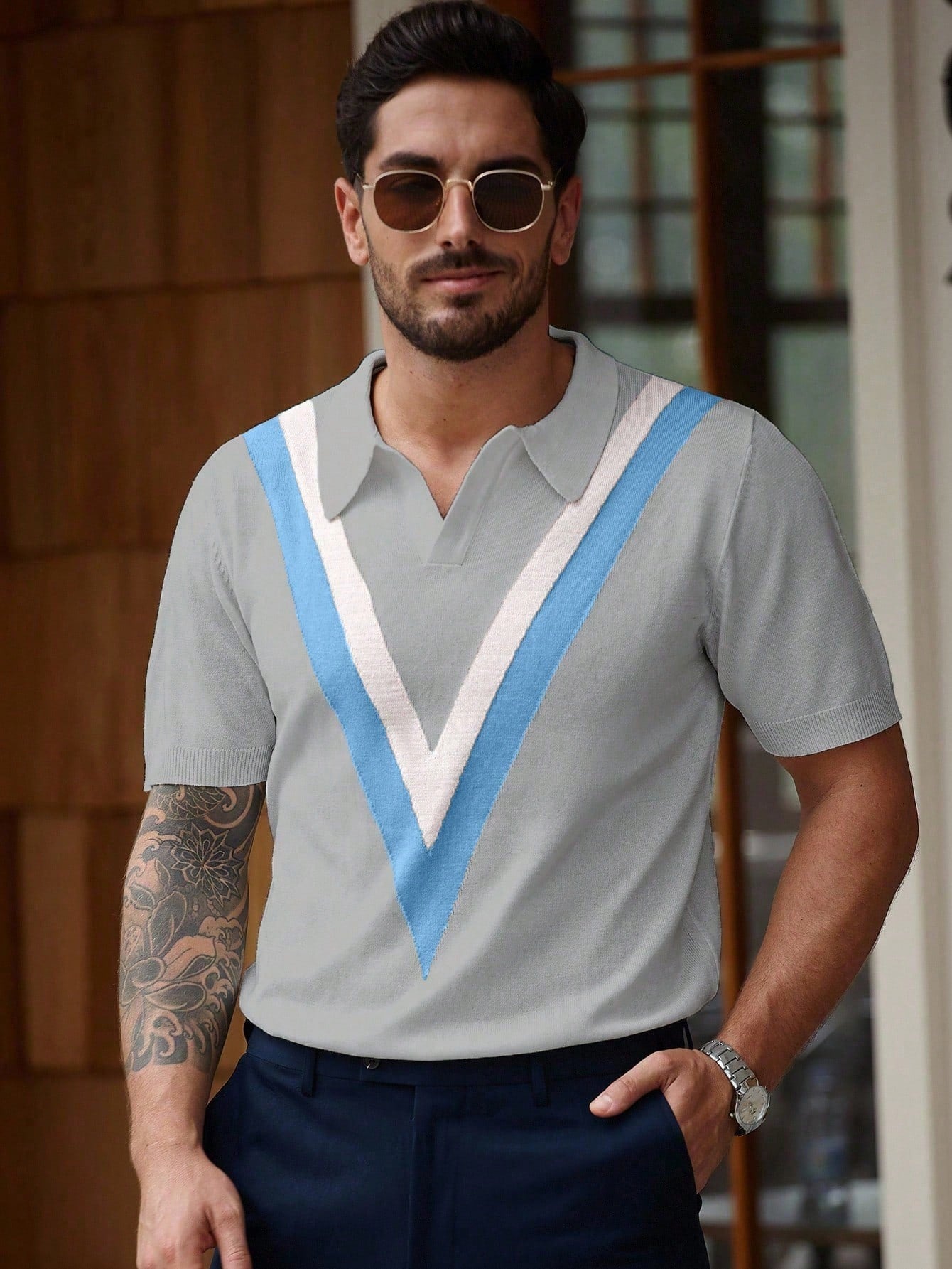 Manfinity Homme Men'S Striped Short Sleeve Casual Loose Knit Sweater Men V-Neck Knit Shirt Men Knitted Polo Shirt Light Blue Men Top